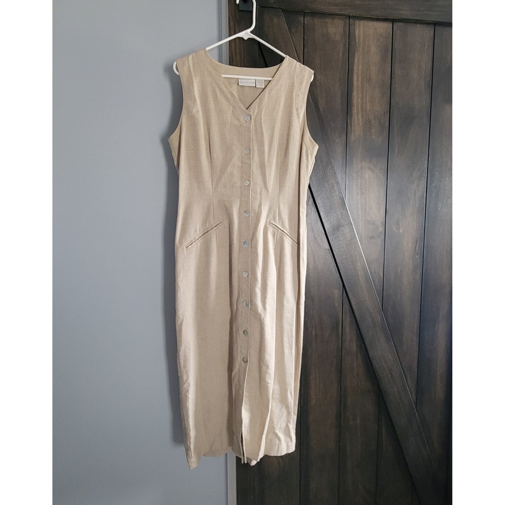 Beige Linen Blend Midi‎ Dress Belted Button Front Pockets Minimalist Capsule 12